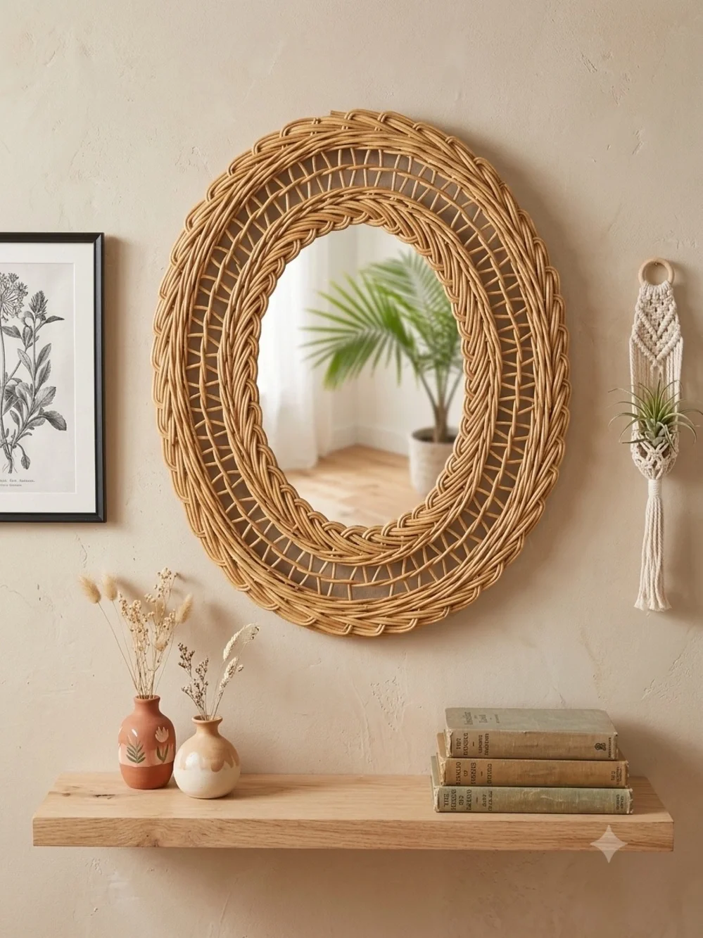 Vintage Woven Oval Wall Mirror - Tan